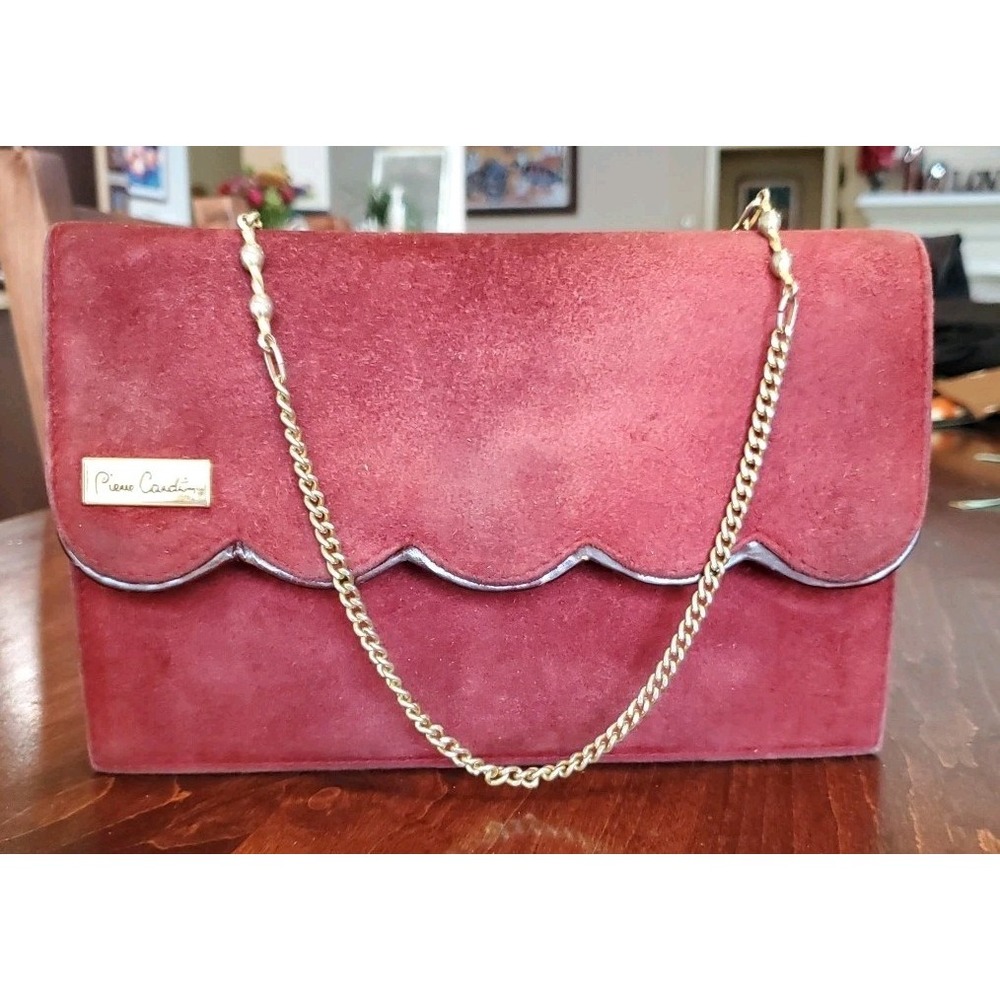 Pierre Cardin Vtg Suede Maroon Scalloped Clutch Gold Chain Shoulder Purse